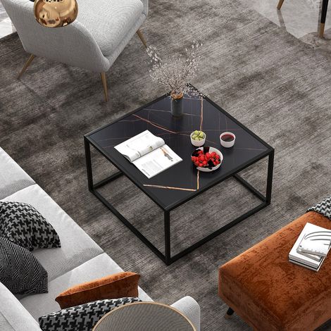 Table Basse Carrée Moderne avec Dessus de Table en Faux Marbre et Structure en Acier Noir CW55384 (1/3)