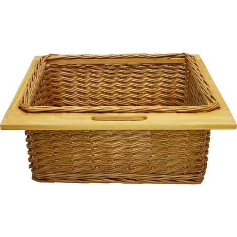 Tire Cesta Mimbre Cajón Gaveta 600mm Solución Almacenamiento Cocina Alacena Despensa Armario con Asa Rústica Madera de Haya Maciza Estilo Granja 100% Ratán Hecha a Mano Kit de Fijación Gratis - Marrón