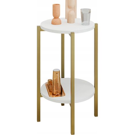Tavolino rotondo moderno con ripiano, 35x35x62 cm, in metallo dorato. (1/5)