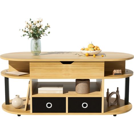 Table basse moderne effet bois avec fonction relevable, rangement et tiroirs en tissu noir, polyvalente et pratique pour salon et bureau