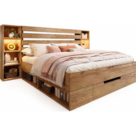 Lit double 180x200 avec rangement, tête de lit LED USB-C, étagères latérales, 2 tiroirs, cadre bois et métal, bois clair, sans matelas – CHICFURN (1/5)