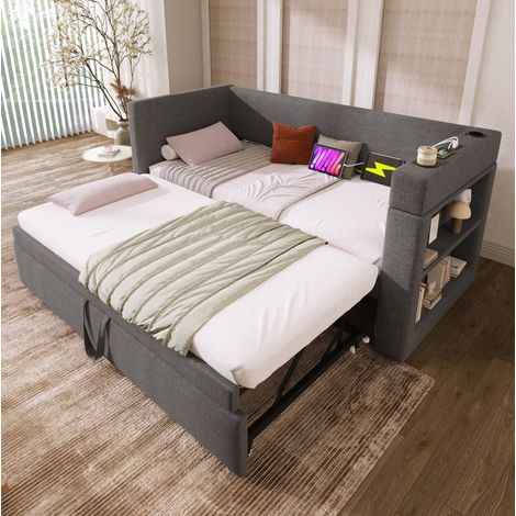 Lit simple 90x190 cm gigogne avec ports USB HAVRYA (1/5)