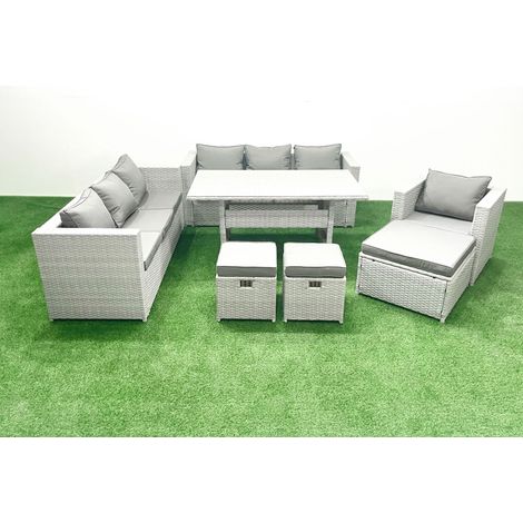 Fimous 7 Pieces Outdoor Rattan Sofa Set with Cushions Patio Garden Furniture Sets with Armchair Dining Table 3 Footstools