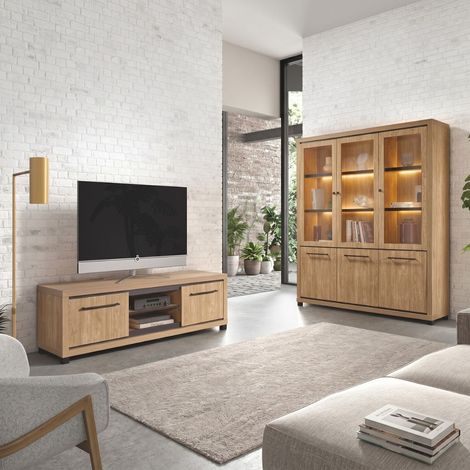 Ensemble salon meuble TV + bibliothèque aspect bois finition Houston Oak - VASALY (1/3)