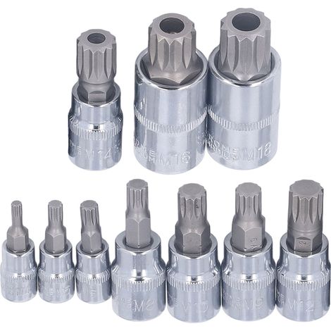 Lot de 10 douilles à embout spline triple carré M4 à M18 1/4 3/8 1/2 po entrainement acier chrome vanadium avec boite rangement (1/5)