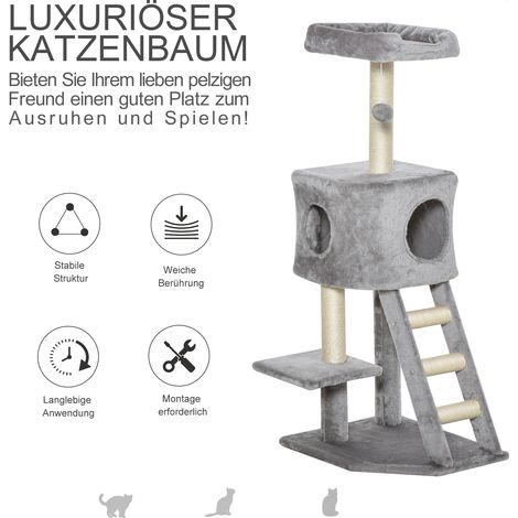Arbre à chat PawHut 120 cm, cabane avec cachette, balle de jeu, poteaux en sisal, plateforme, escaliers, griffoir multi-niveaux, arbre pour chat, gris clair
