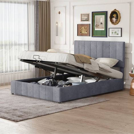 Lit coffre 140x200 cm - Lit double 140x200 en velours gris avec sommier hydraulique et tête de lit réglable - Gris (1/5)