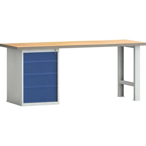 PW banco da lavoro 700 l 2000xP700xH840 mm faggio Multiplex grigio chiaro, RAL 7035 blu genziana, RAL 5010 4 cassetti