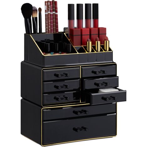 2 Organizadores Maquillaje con Estante y Cajoneras, Neceser Apilable, Joyas, Fibra Acrílica, 30x24x14cm, Negro y Dorado