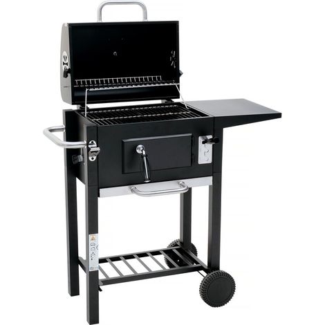 Habitat Et Jardin – Barbecue charbon de bois Vicomte 92.5 x 46 x 123 cm – Grille en acier chromé – 2 roues pour mobilité – Récupérateur de graisse inclus