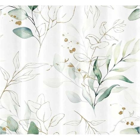Rideau de douche anti-moisissures, 180x180 cm, vert à motif de feuilles d'eucalyptus dorées, en tissu polyester lavable et imperméable.
