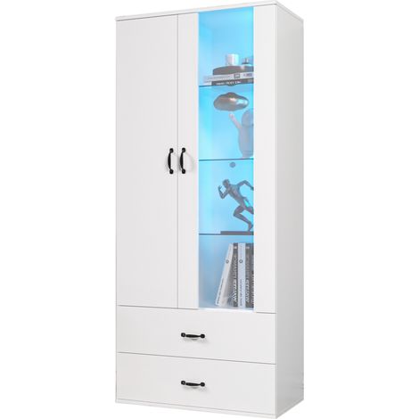 Vitrine avec 2 Portes, 2 Tiroirs, 5 Compartiments et LED, pour Salon en Panneaux de Particules 59.5×35×182 cm Blanc (1/5)