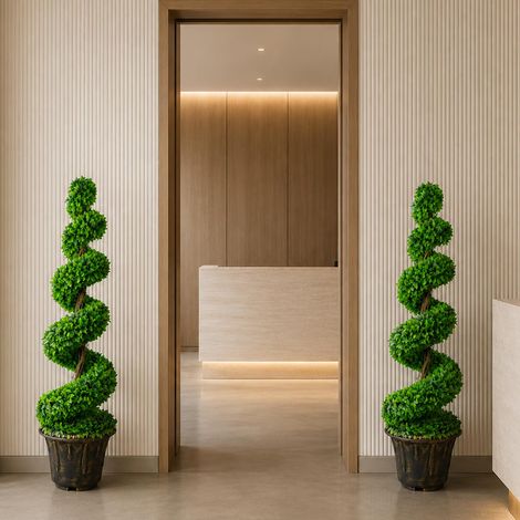 120cm Artificial Pair of Green Spiral Topiary Trees with Planters (1/5)