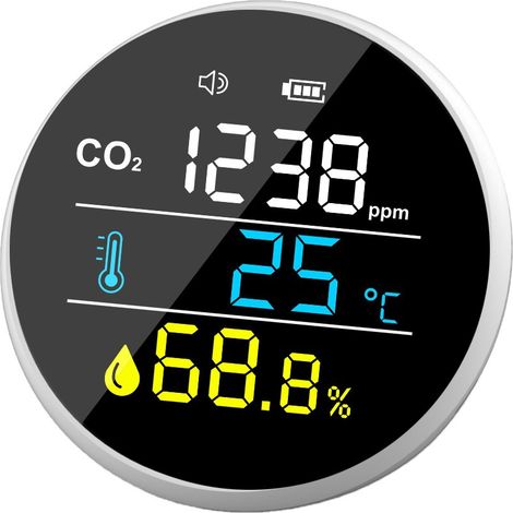 Détecteur de dioxyde de carbone CO2 avec thermomètre et hygromètre, détecteur de qualité de l'air, affichage à interface tricolore (1/3)