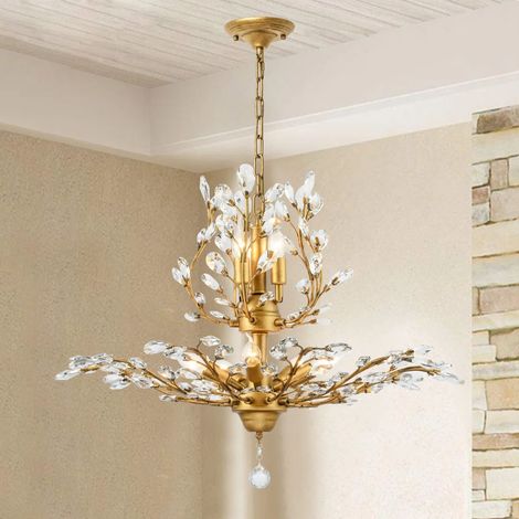Ganeed 7-Light Vintage Crystal Chandelier Modern Brushed Gold Branche Ceiling Light Fixture Farmhouse for Kitchen Dining Room Living Room Bedroom Hallway Foyer