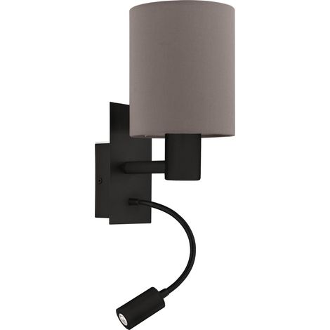 EGLO Pasteri, Lampada da parete LED per interni con lampada da lettura, faretto spot in metallo nero e tessuto in marrone e antracite, applique per soggiorno e camera da letto, attacco E27 (1/2)