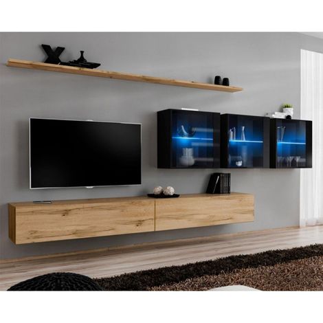 Meuble TV Mural Design "Switch XVII" 340cm Naturel & Noir (1/4)