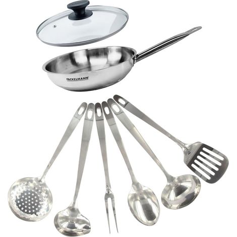 Set poêle inox 24 cm, couvercle verre et 6 ustensiles inox (1/5)