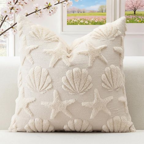 Set mit 1 weichem, kurzem Plüsch-Zierkissenbezug aus Wollsamt für Frühling und Sommer im luxuriösen Stil für Sofa und Schlafzimmer – Seestern-Muschel-Creme-Beige, 45 x 45 cm (1/5)