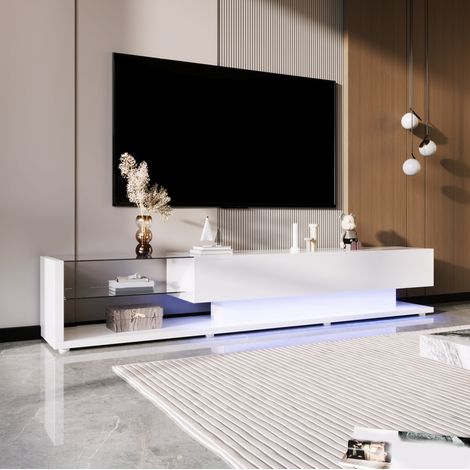 MEUBLIV Mueble TV 170x36x38 cm blanco brillo – LED, 2 cajones, cristal (1/5)
