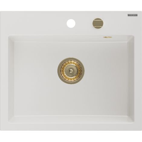 Mexen Oscar évier en granit 1 bac 580 x 490 mm, blanc, siphon doré - 6519581000-20-G