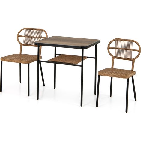 COSTWAY 3 Piece Patio Dining Set 2 Varied-Size Stackable Rattan Chairs-Natural