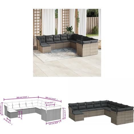 11-tlg. Garten-Sofagarnitur mit Kissen Grau Poly Rattan - Gartensortiment - Outdoor Möbel - Lounge Set - Gartenlounge - Rattan Sofa - Home & Living (1/3)