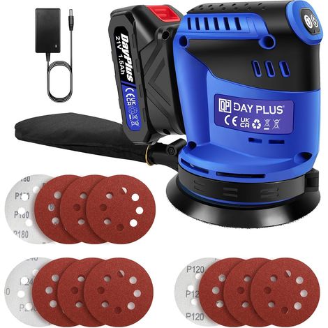 Ponceuse sans fil 21V-réglage à trois vitesses, équipée d'une batterie et d'un chargeur, d'une meule de 125 mm, de 12 feuilles de papier de verre et d'un sac à poussière, adaptée aux surfaces en bois (1/5)
