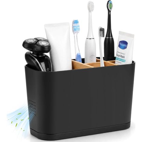 Porte Brosse à Dents Noir avec cloisons Amovibles en Bambou et Trous d'aération-5 Compartiments Organisateur Salle de Bain (1/5)