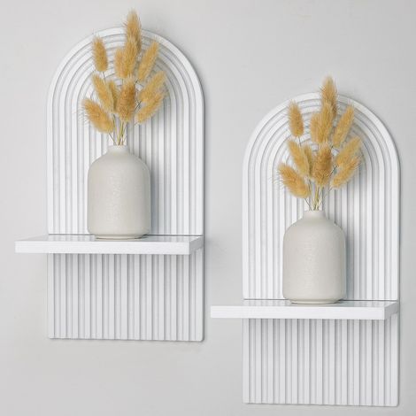 2 pcs Étagères en Bois pour la Décoration Murale Blanc Étagère Murale Bohème Moderne Support Mural en Bois bohème Style étagère pour la Cuisine, la Chambre, la Salle de Bain, Salon,Dortoir (1/5)
