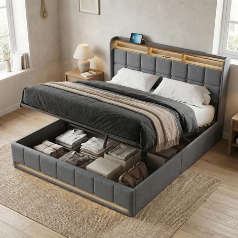 Letto contenitore 160x200 con rete a doghe, letto matrimoniale idraulico con illuminazione LED RGB e porte USB/Type-C, letto per adulti, testiera con contenitore, lino, stile moderno, Grigio