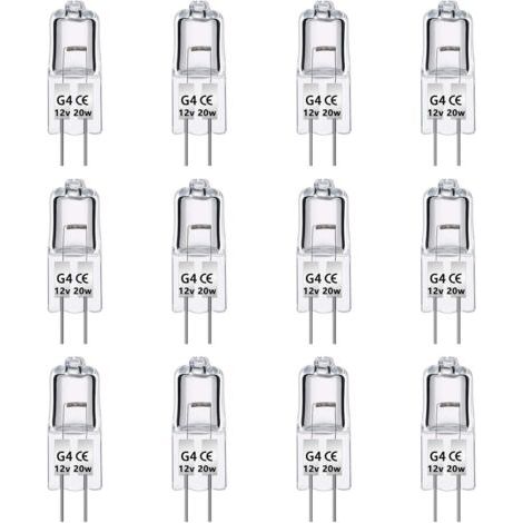 Paquet de 12 Ampoules Halogènes G4 12V 20W, Intensité Variable, Blanc Chaud 2700K, 280LM, Lampe Halogène Basse Tension G4, Capsule Transparente, Pour Lustre, Placards, Plafonniers