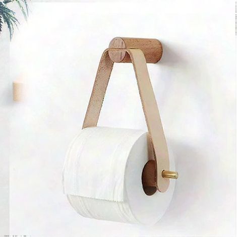 Wandmontierter Toilettenpapierhalter aus Holz und Leder, eleganter Rollenhalter zur Befestigung ohne Bohren, natürliche Dekoration für das Badezimmer, rustikaler Stil, einfache Montage. (1/5)