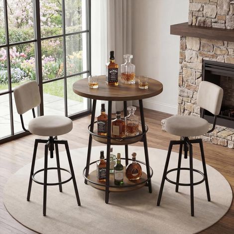 Tribesigns Round Bar Table with Storage Shelves, 90cm Counter Height Pub Table with Metal Sturdy Frame for Kitchen& Small Spaces Brown(Only Table)