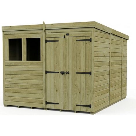8ft x 10ft Pent Garden Shed Double Door With Windows - Pressure Treated Timber - L244 x W305 x H210 cm - Natural