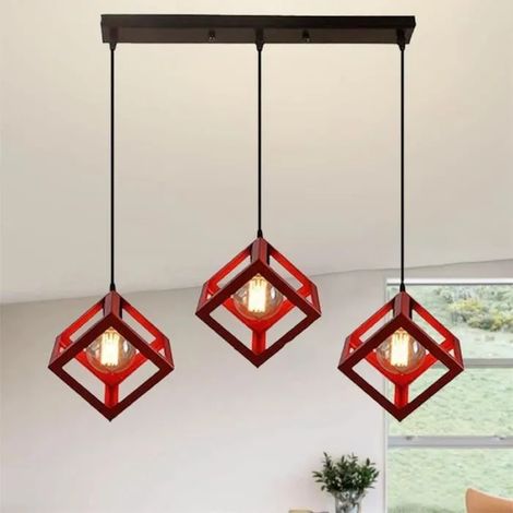 U-Do Lustre Suspension Carré Rouge Suspension Luminaire en Métal 3 Têtes Lampe en Longue Pôle Lustre Plafonnier éclairage pour (1/4)