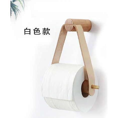 Porte-Papier Toilette au Style Rétro en Bois, pour Cuisine, Salle de Bain, WC, avec Manche en Cuivre et Cuir - Blanc (1/5)