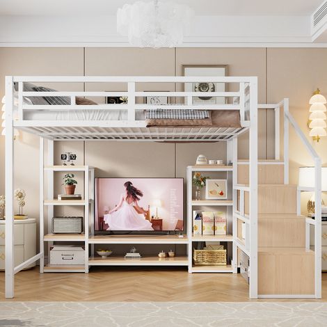 Lit mezzanine 140x200 avec meuble TV, prise électrique et échelle de sécurité, Échelle de rangement,Métal,blanc (1/5)