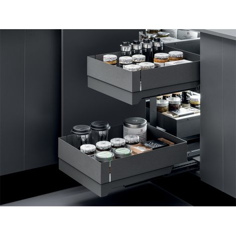 Ferrure d'angle fly box porte 450 – 2 étagères réversibles – Capacité 25 kg par niveau – Coulisses sortie totale et retour amorti – Vibo