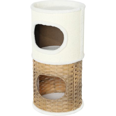 Dreistöckiges Katzenhaus für drinnen mit Sisal-Kratzbaum, Ø 40 x 80 cm, cremefarben