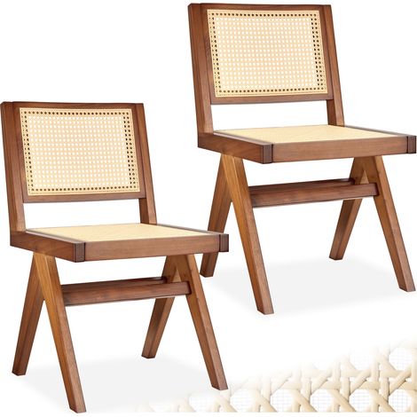 Lot 2 chaises en bois avec cannage viennois design boho chêne foncé (1/5)