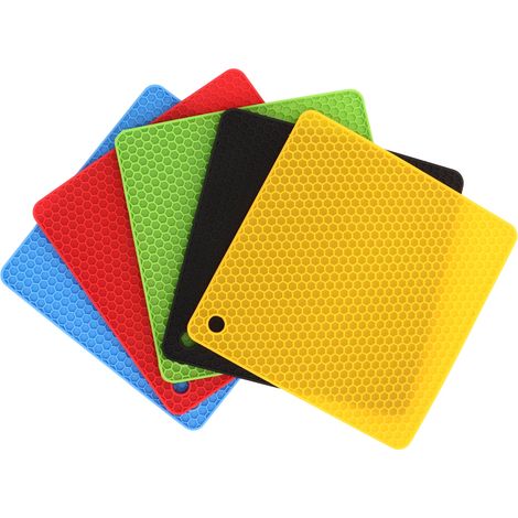 Ortviai Sous-plat carré en silicone résistant à la chaleur – 5 pièces (jaune, noir, rouge, bleu, vert), antidérapant, motif nid d’abeille (1/5)