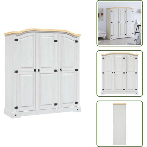 Kleiderschrank Mexiko-Stil Kiefernholz 3 Türen Weiß - Schreibtisch - Kiefernholzschrank - Garderobe - Kleiderschrank - Korpusmöbel (1/5)