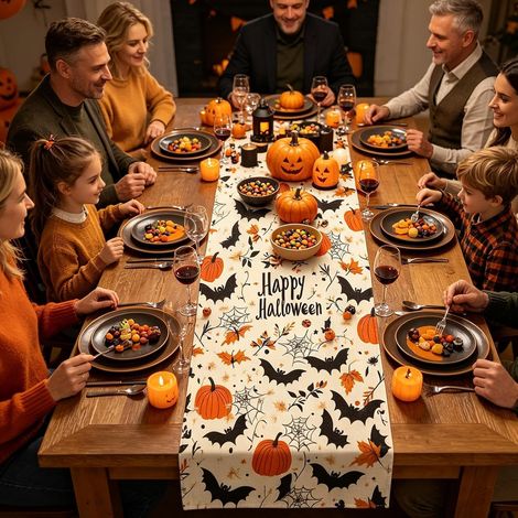 Chemin De Table Décoratif Halloween Decke Imprimée Chauve-Souris Fantôme Pour Maison Restaurant Appartement Cuisine Salle À Manger (1/4)