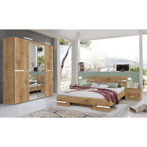 Chambre à coucher complète adulte (lit 180x200 cm + 2 chevets + armoire), coloris imitation chêne poutre/chrome brillant -PEGANE-
