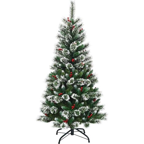 COSTWAY Albero di Natale Artificiale Innevato, con Bacche Rosse, Base di Metallo, Foglie in PVC, Design Realistico (150 cm) (1/5)