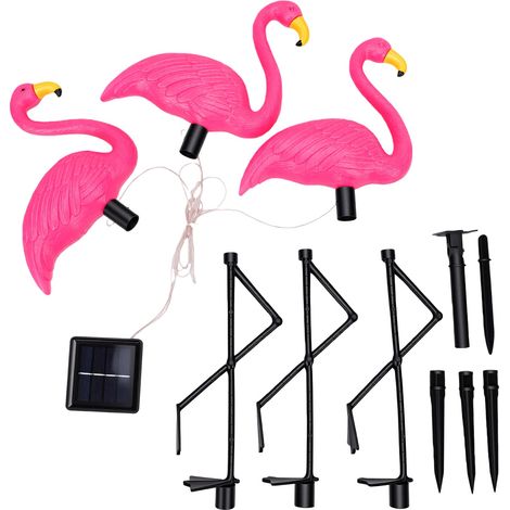 Lot de 3 lampes solaires flamants roses décoratives d'extérieur, résistantes à la pluie, à piquer pour jardin, pelouse, allée ou terrasse. (1/5)