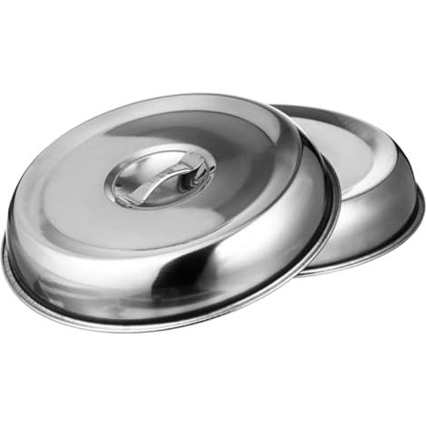 Lot de 2 couvercles alimentaires ronds en acier inoxydable pour steak et grillades - Concentration de chaleur pour barbecue / camping / intérieur / extérieur - 22 x 3,8 cm - Passe au
