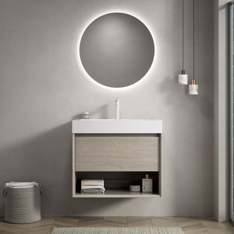 Mueble de lavabo suspendido de resina y madera color roble claro y blanco, 70 cm, con cajón y estante abierto