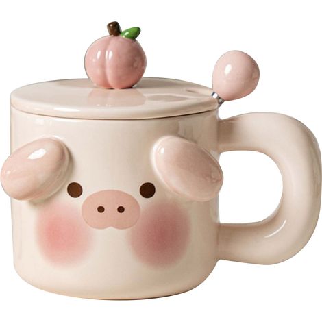 Mug à lait cochon mignon avec couvercle cuillère - Tasse de bureau école design animal cartoon adorable (1/5)